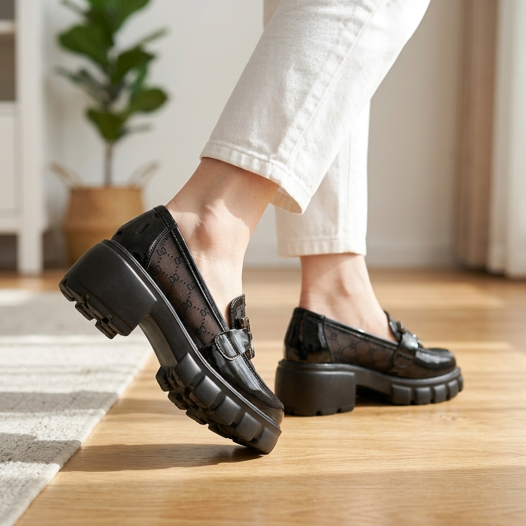 Women's Mesh Platform Slip-On Loafers – Chunky 6.5cm Sole with Square Buckle Detail