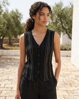 Damen Tencel Leinen V-Ausschnitt Strickweste