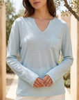 Women's Tencel Linen Blend V-Neck Long Sleeve Top – Loose Fit UV-Protection Pullover