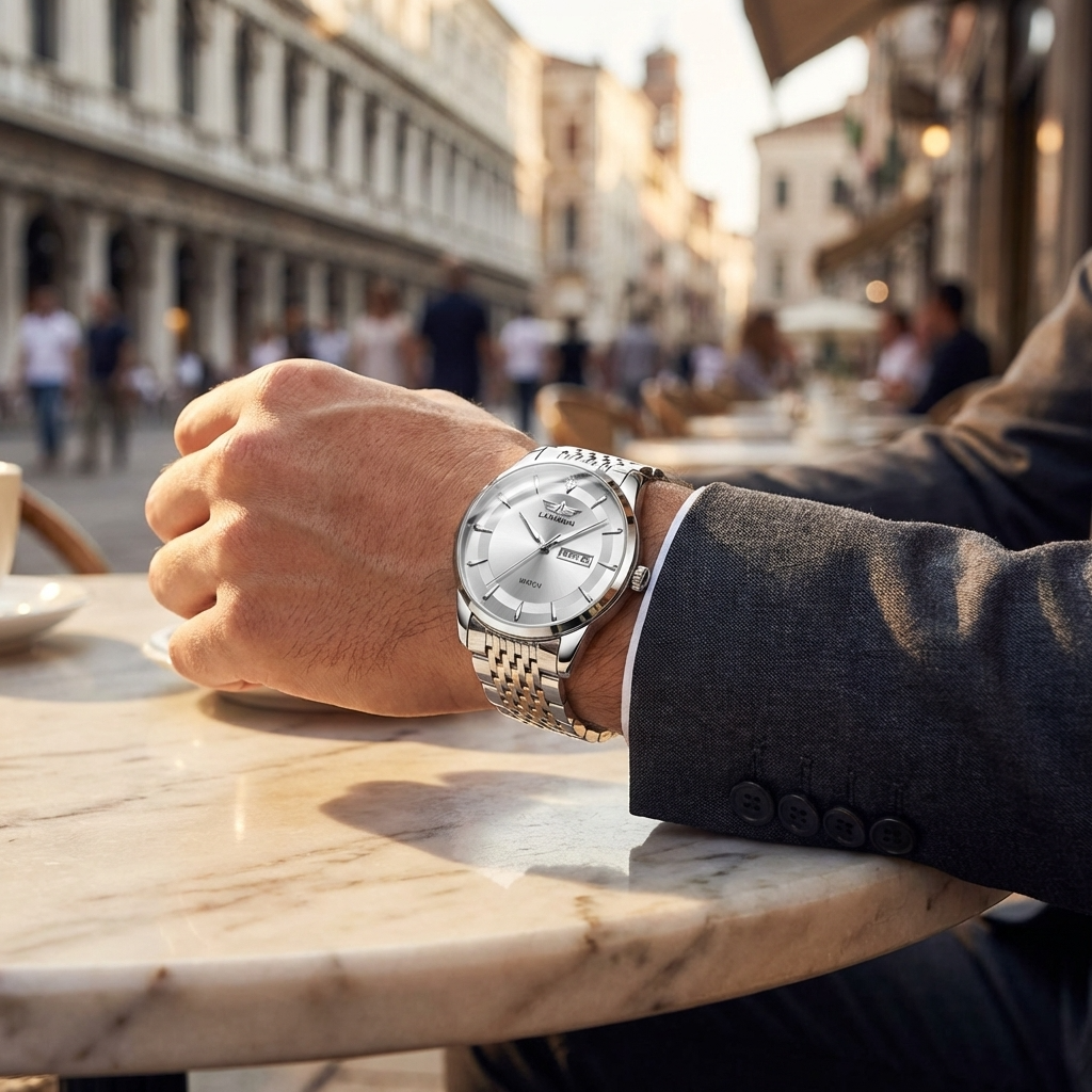 Automatische wasserdichte leuchtende Herren-Armbanduhr – ultradünne 40,5 mm Edelstahl Business Analog Armbanduhr mit 24-Stunden-Anzeige