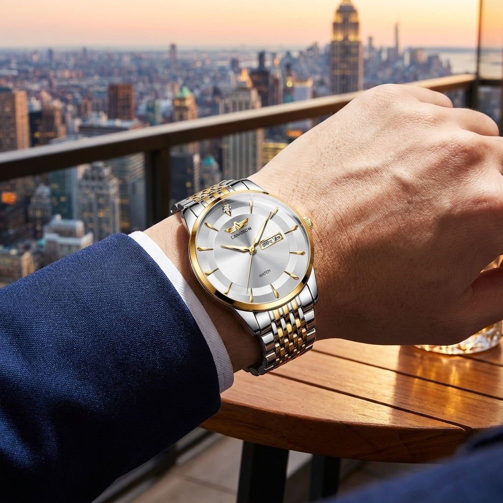 Automatische wasserdichte leuchtende Herren-Armbanduhr – ultradünne 40,5 mm Edelstahl Business Analog Armbanduhr mit 24-Stunden-Anzeige