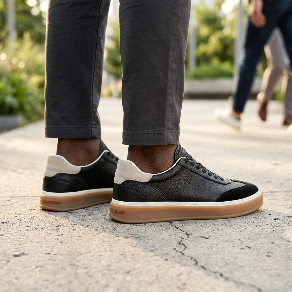 Men's Cowhide Leather Sneakers - Thick Sole Lace-Up Casual Shoes