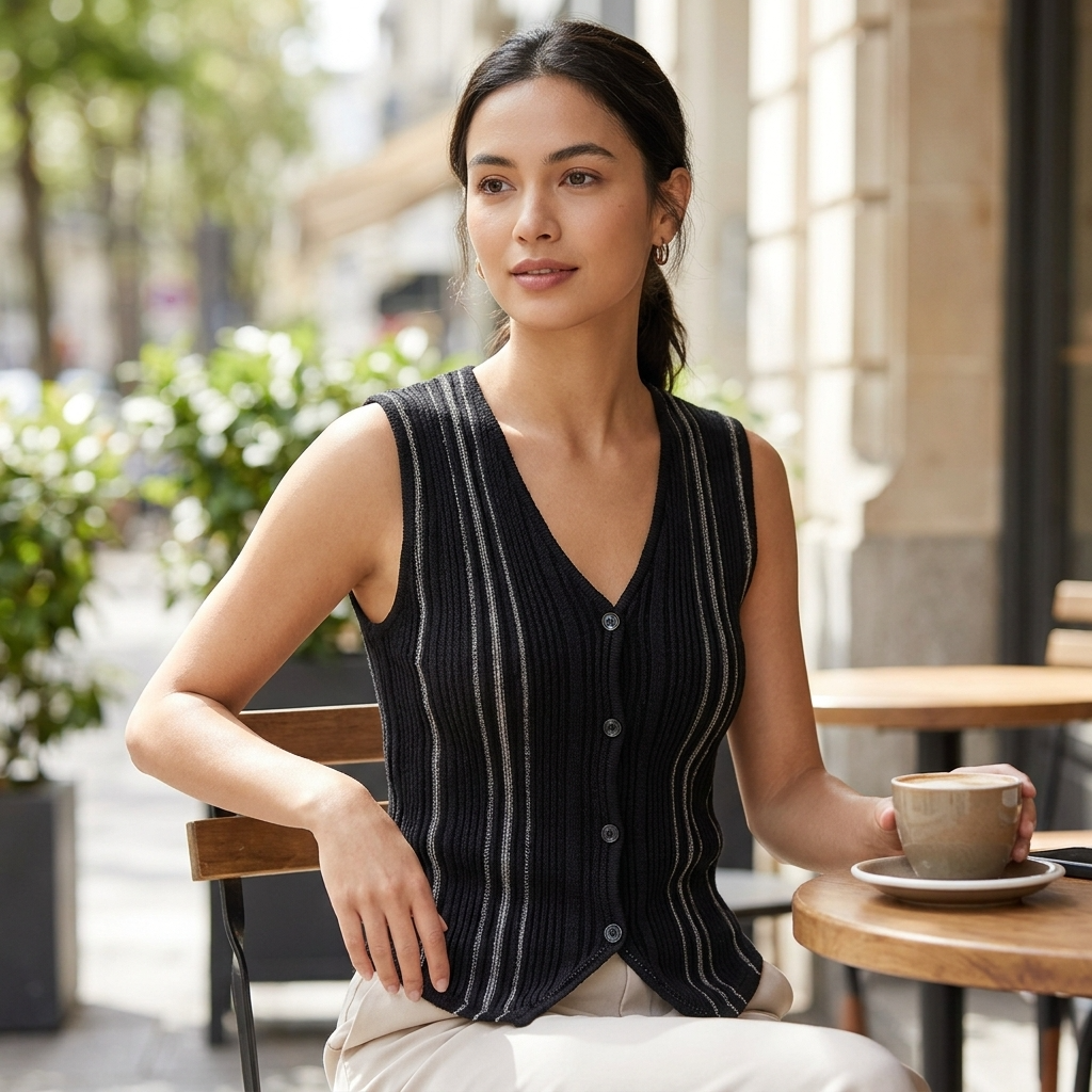 Damen Tencel Leinen V-Ausschnitt Strickweste
