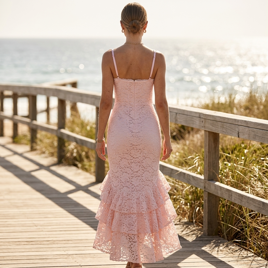 Women's Backless Sling Maxi Dress – Lace Ruffle Irregular Hem Bodycon