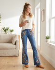 Women's Embroidered Flared Denim Jeans – Mid-Waist Micro-Flare