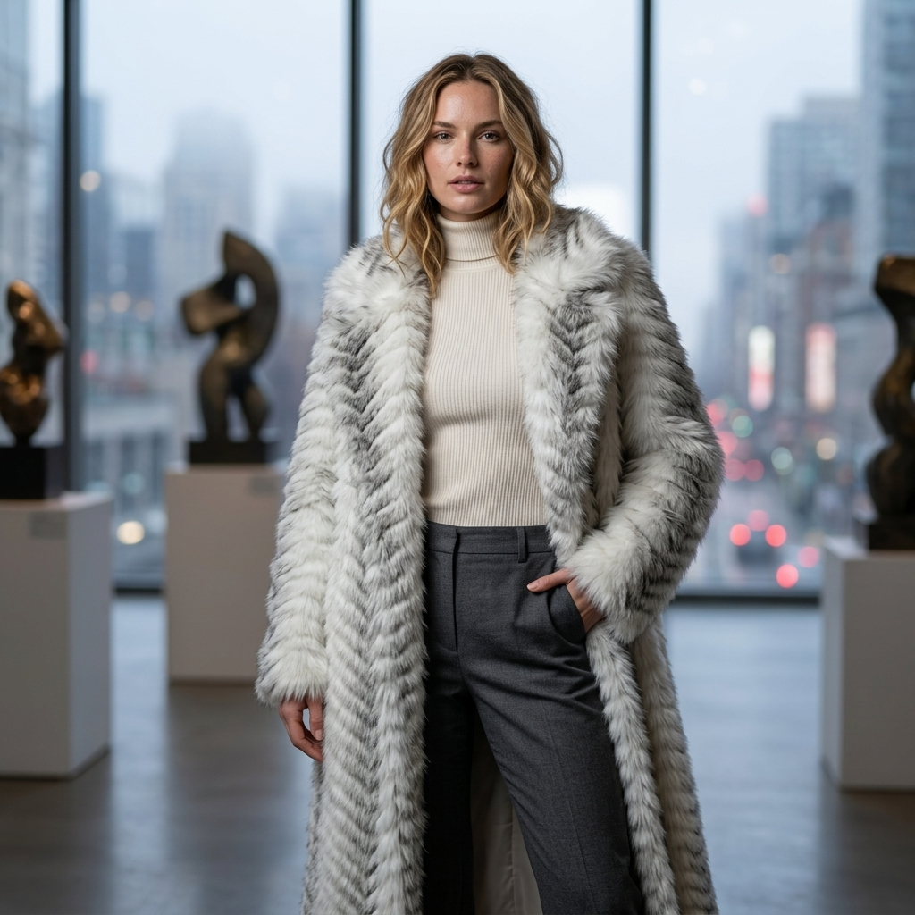 Women's Gradient Faux Mink Fur Coat - Long Herringbone Style