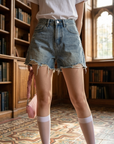 Women's Blue Denim Shorts – High Waist Wide Leg Frayed Hem