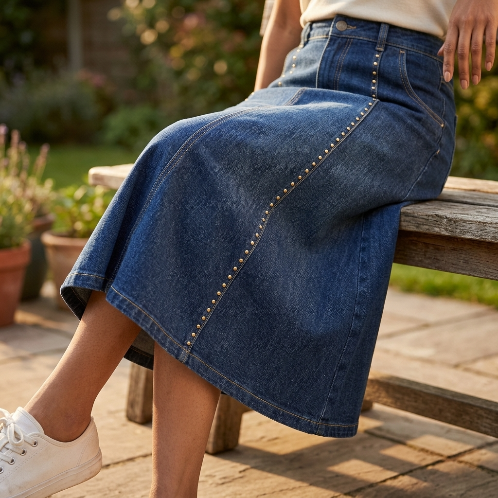Women's Denim Blend A-Line Midi Skirt – High-Waisted Fade-Resistant