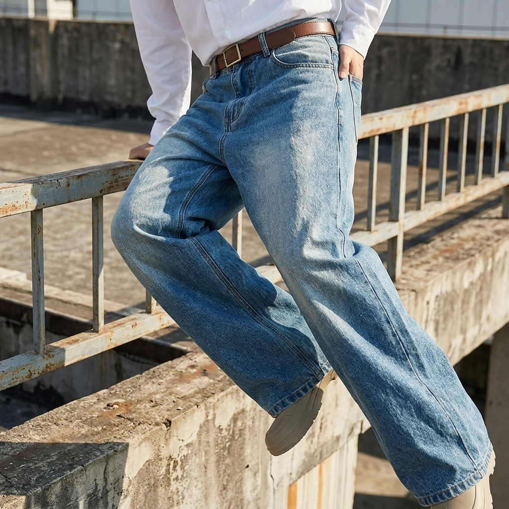 Men's Korean Style Loose Straight-Leg Jeans | Washed Blue Denim