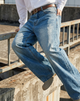 Men's Korean Style Loose Straight-Leg Jeans | Washed Blue Denim