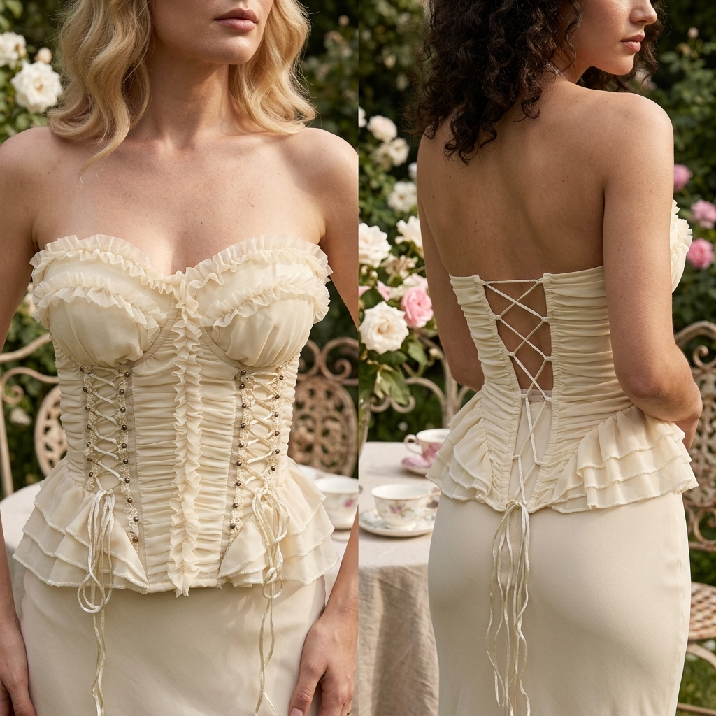 Women's Ruffled Strapless Corset Top – Lace-Up Back Fishbone Slim Tube Top