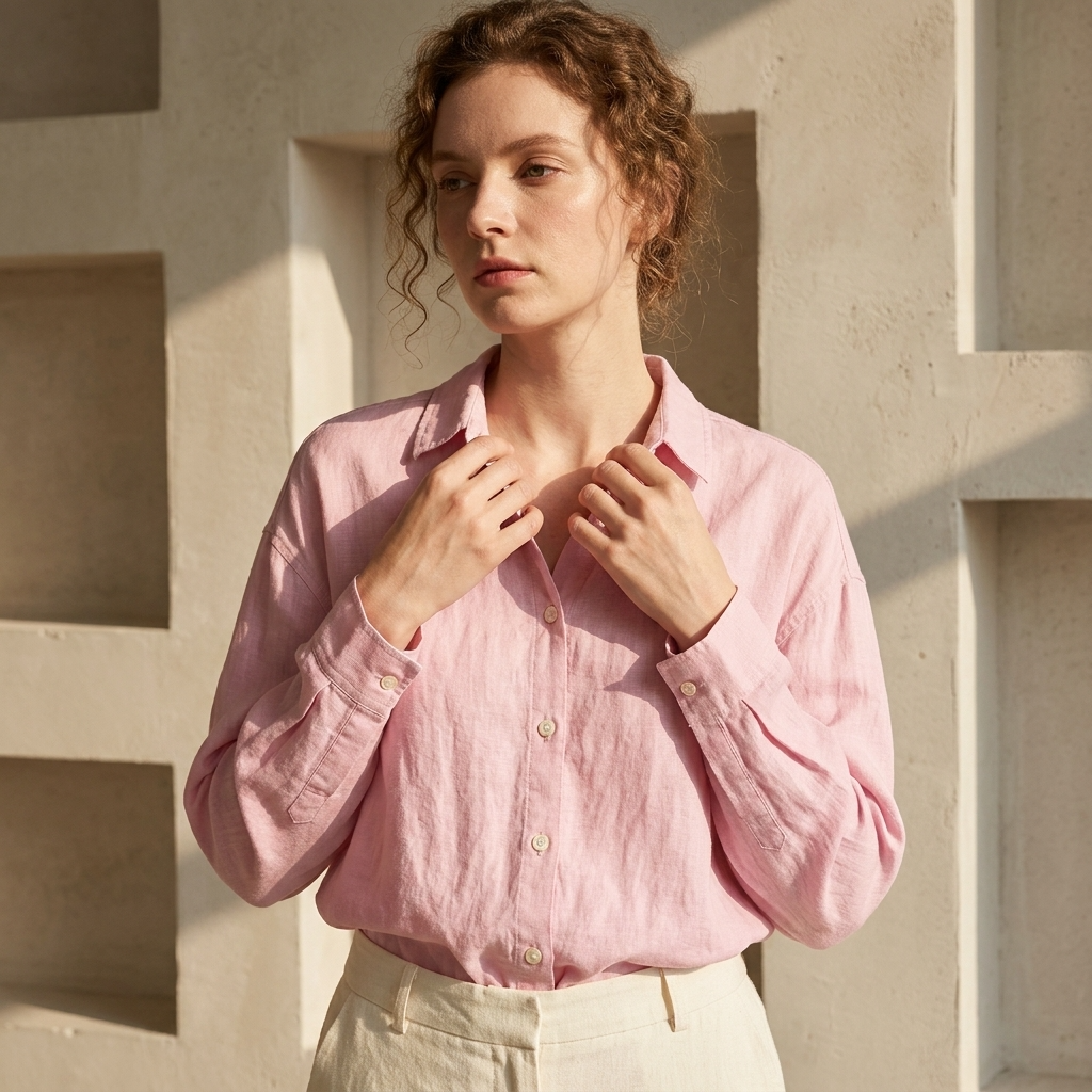 Women's 100% Linen Shirt – Long Sleeve Polo Collar Button-Down