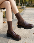 Women's Full Leather Chunky Heel Slip-On Loafers – Cowhide Block Heel
