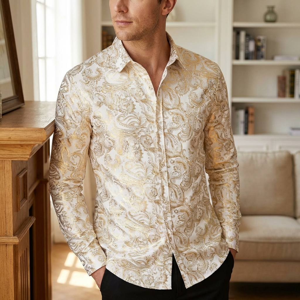 Herren 3D-Hemd mit Blumenmuster – Stretch-Slim-Fit Urban Hemd mit Revers