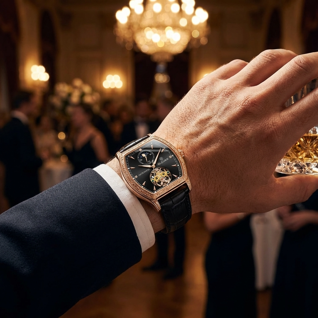 Men Automatic Mechanical Wrist Watch – Barrel Case Luminous Dial Genuine Leather Strap Luxury Timepiece