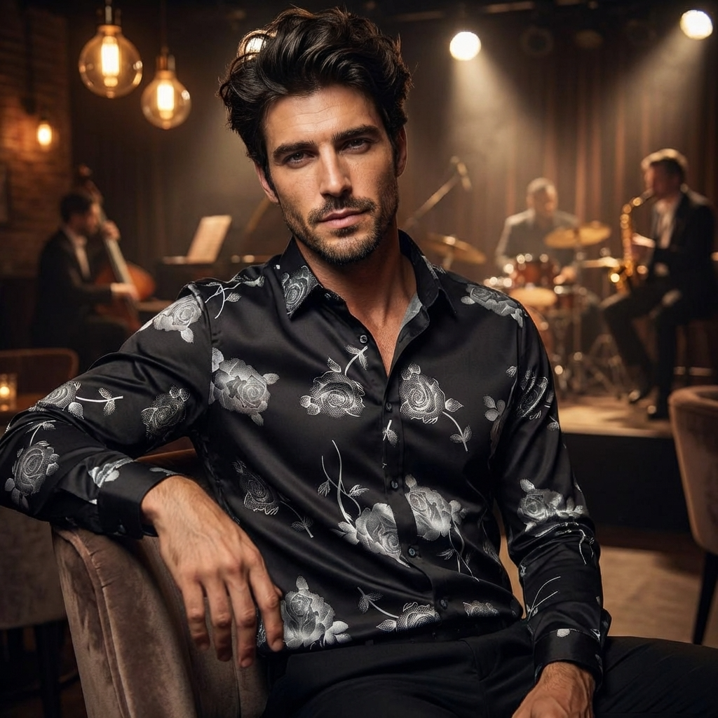 Herren 3D-Hemd mit Blumenmuster – Stretch-Slim-Fit Urban Hemd mit Revers