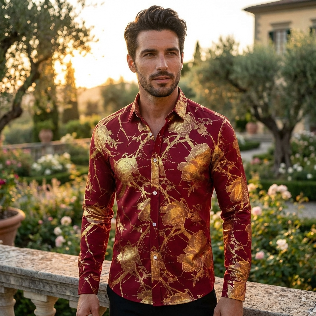 Herren 3D-Hemd mit Blumenmuster – Stretch-Slim-Fit Urban Hemd mit Revers