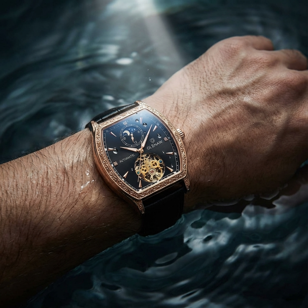 Men Automatic Mechanical Wrist Watch – Barrel Case Luminous Dial Genuine Leather Strap Luxury Timepiece