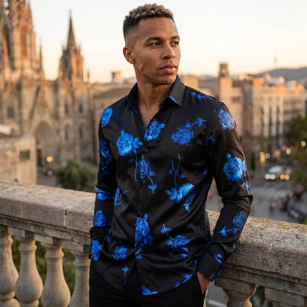Herren 3D-Hemd mit Blumenmuster – Stretch-Slim-Fit Urban Hemd mit Revers