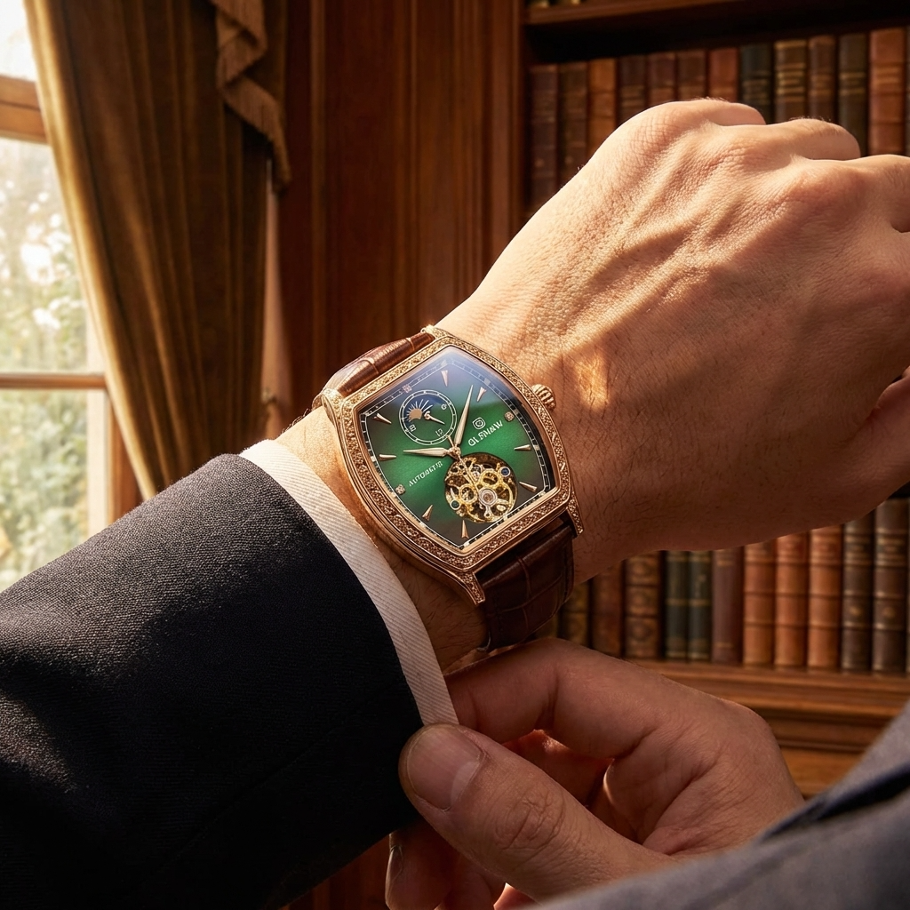 Men Automatic Mechanical Wrist Watch – Barrel Case Luminous Dial Genuine Leather Strap Luxury Timepiece