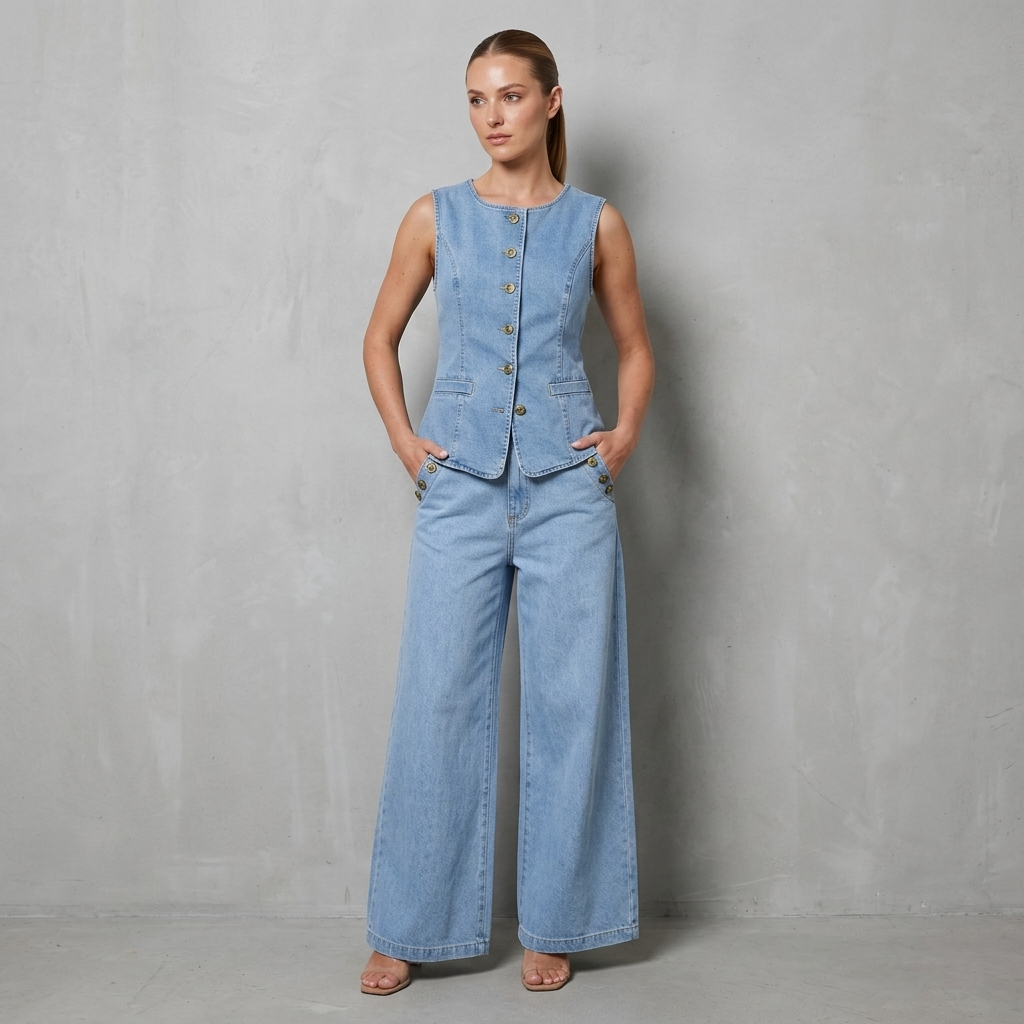 Women's Denim Sleeveless Top &amp; Wide-Leg Pants 2-Piece Set
