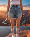 Women's Blue Denim Shorts – High Waist Wide Leg Frayed Hem