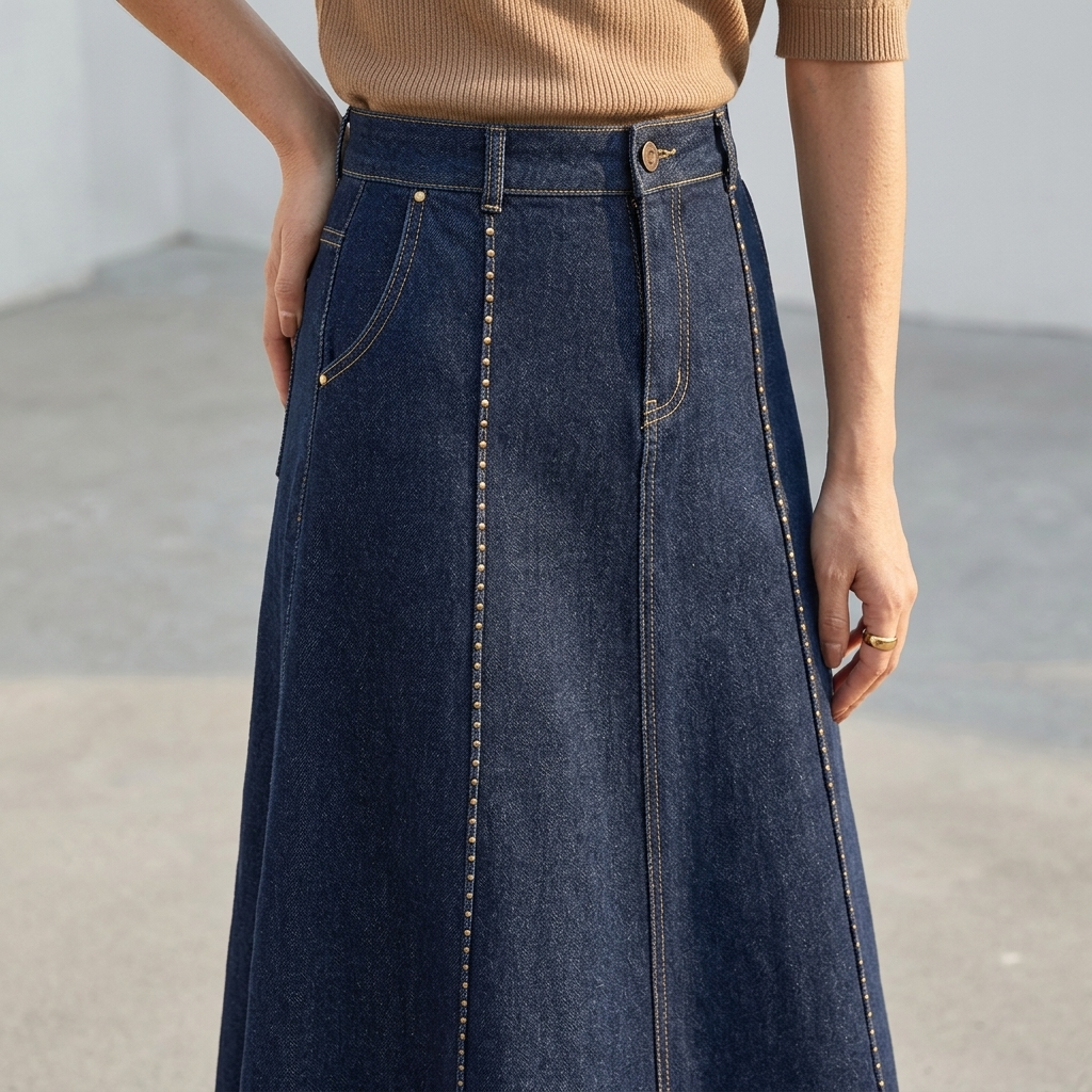 Women's Denim Blend A-Line Midi Skirt – High-Waisted Fade-Resistant