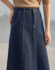 Women's Denim Blend A-Line Midi Skirt – High-Waisted Fade-Resistant