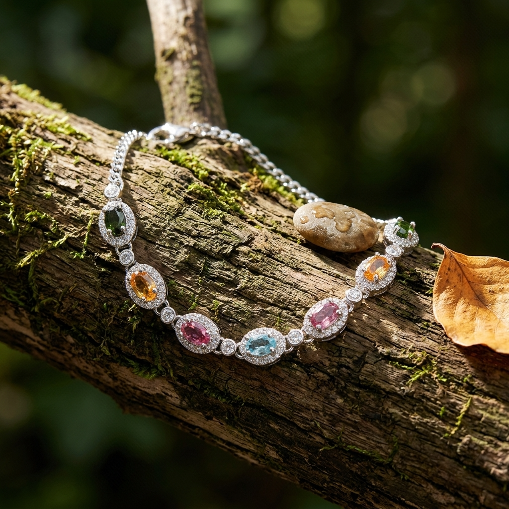 Women's Natural Tourmaline Bracelet — 925 Sterling Silver Geometric Oval