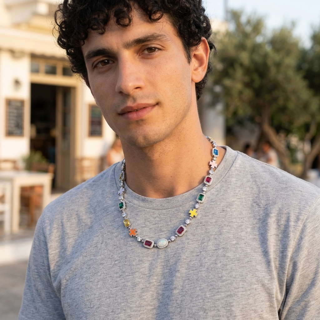Men's Hip Hop Diamond Design Copper Necklace with Colorful Gemstone Accents
