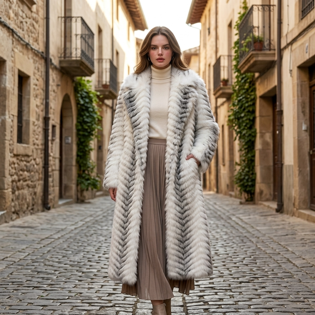 Women's Gradient Faux Mink Fur Coat - Long Herringbone Style