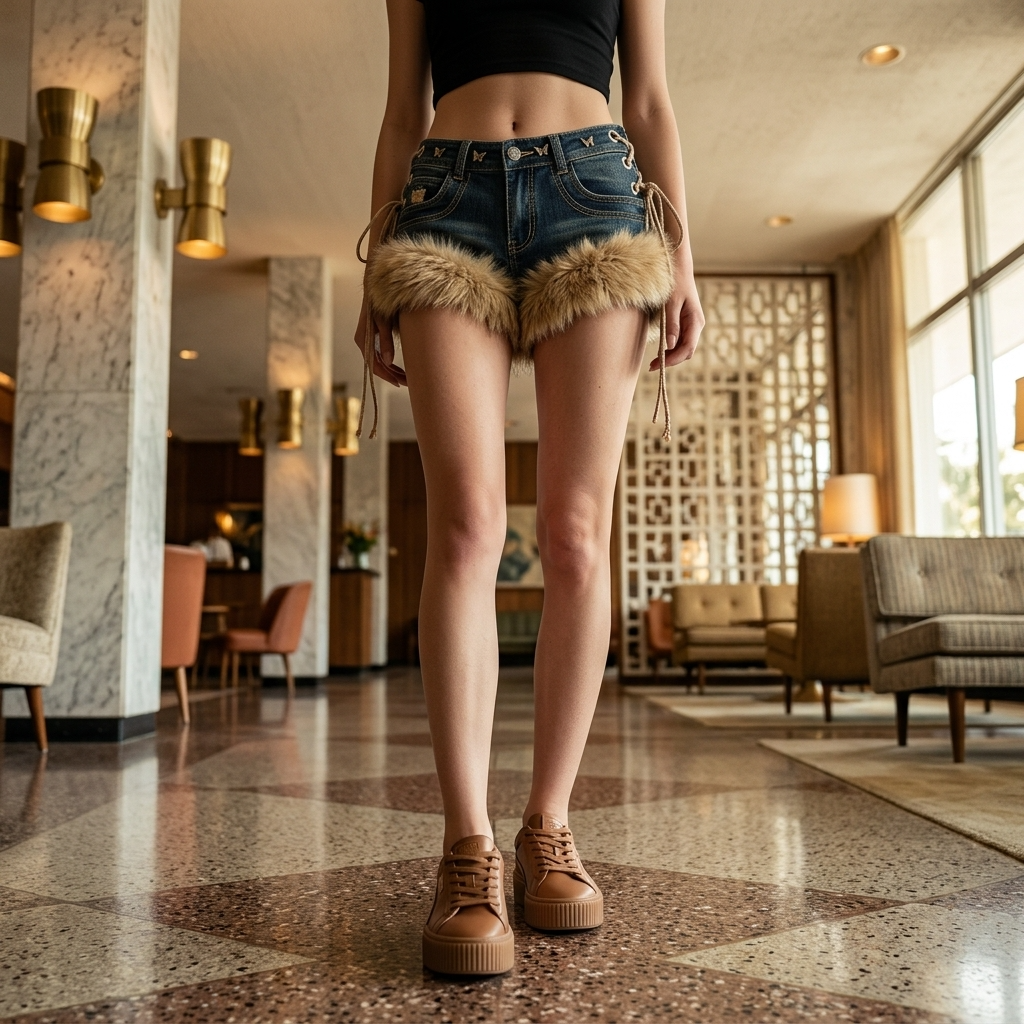 Women's Retro Low-Rise Denim Shorts with Fur Patchwork