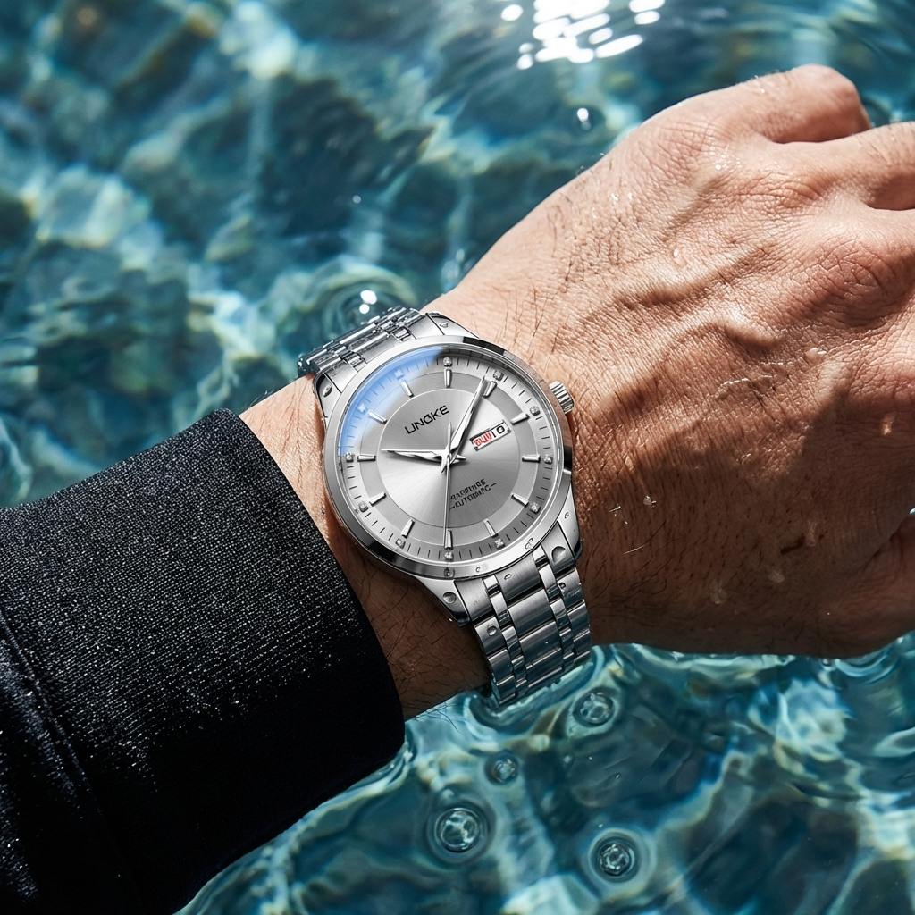 Herren-Automatik-Uhr, ultraflach – 39mm Edelstahl, Doppelte Kalenderanzeige &amp; 50M wasserdicht