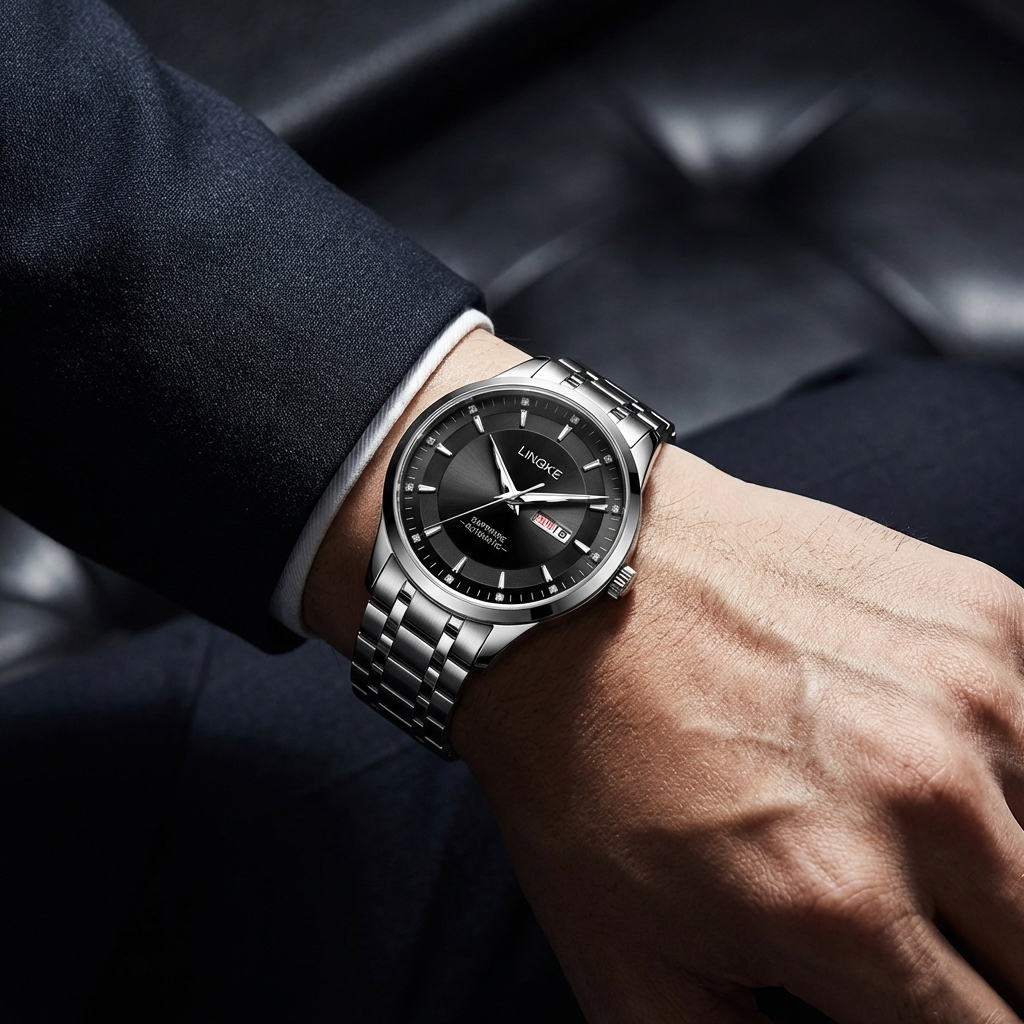 Herren-Automatik-Uhr, ultraflach – 39mm Edelstahl, Doppelte Kalenderanzeige &amp; 50M wasserdicht