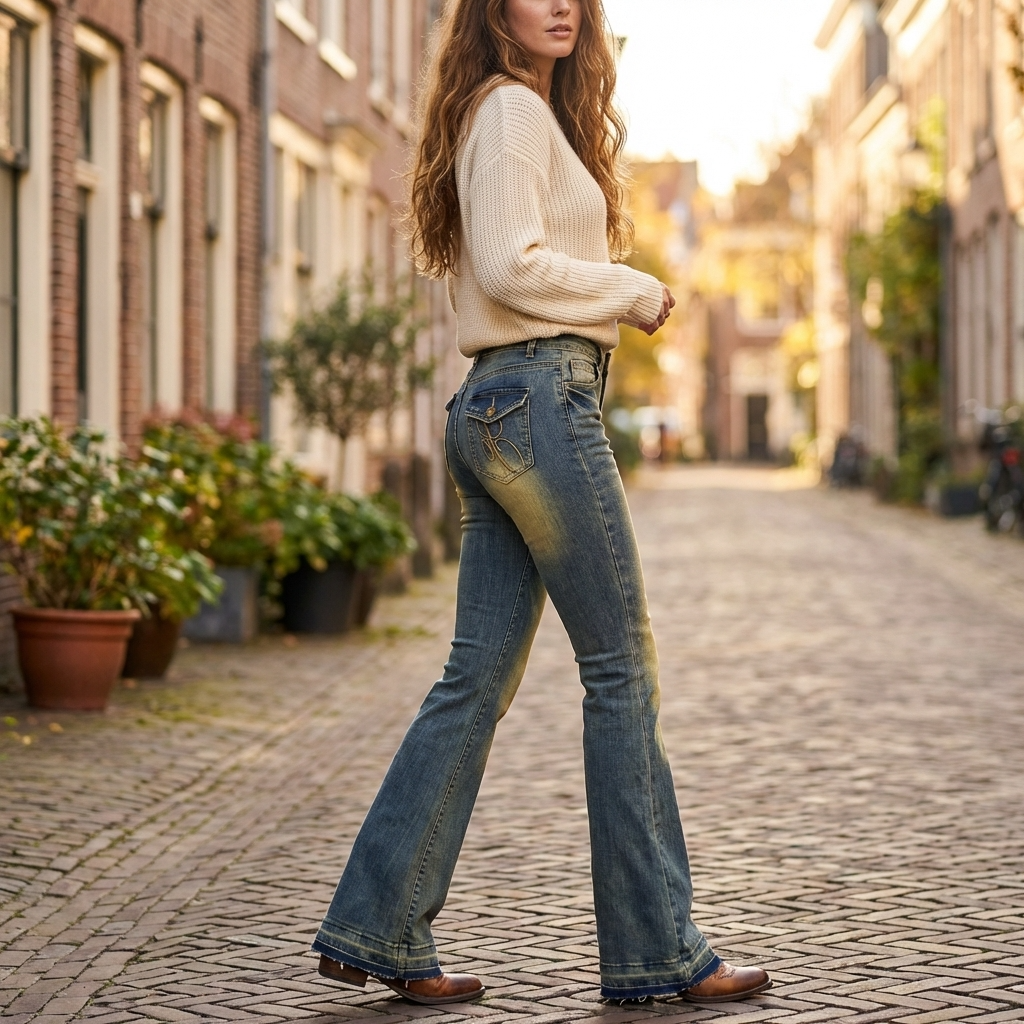 Women's Retro Embroidered Flare Jeans – High Waist Stretch Denim Pants with Vintage Blue Wash &amp; Slim Flared Leg Design