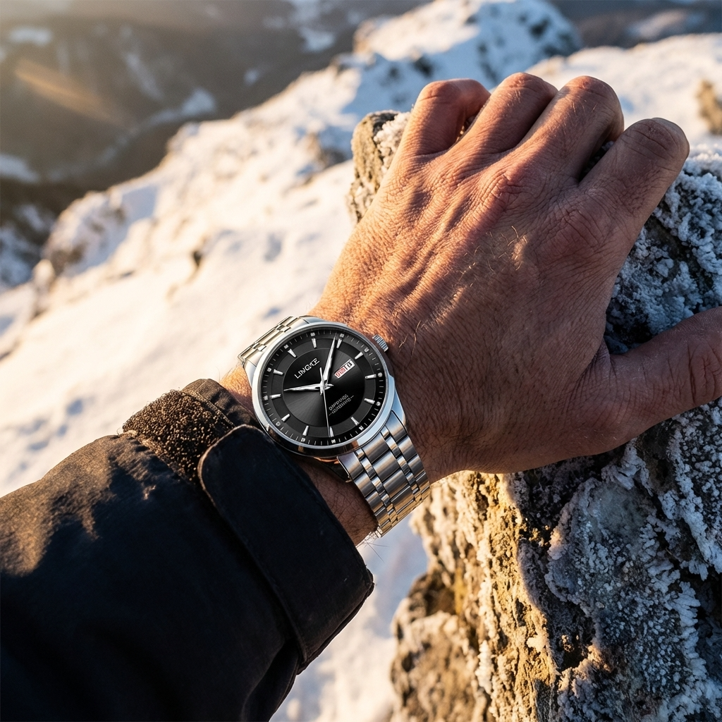 Herren-Automatik-Uhr, ultraflach – 39mm Edelstahl, Doppelte Kalenderanzeige &amp; 50M wasserdicht