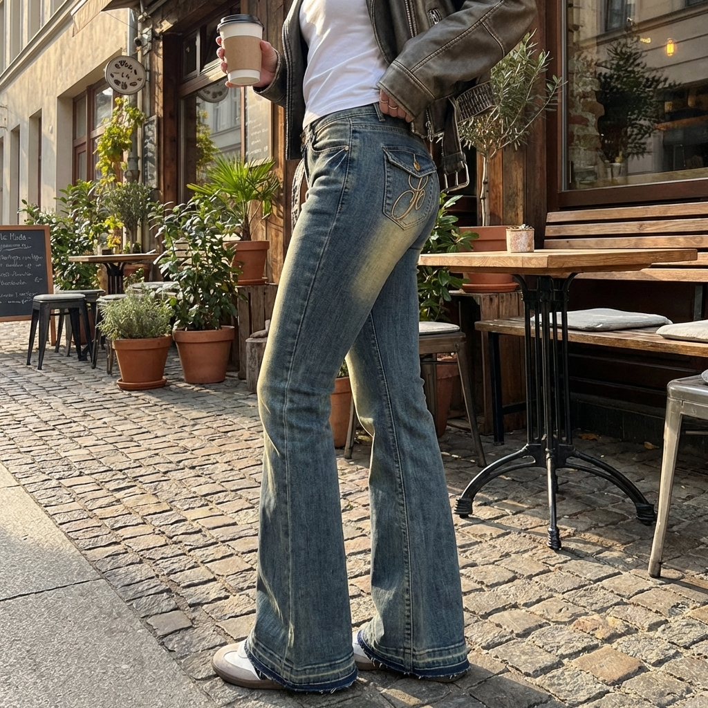 Women's Retro Embroidered Flare Jeans – High Waist Stretch Denim Pants with Vintage Blue Wash &amp; Slim Flared Leg Design