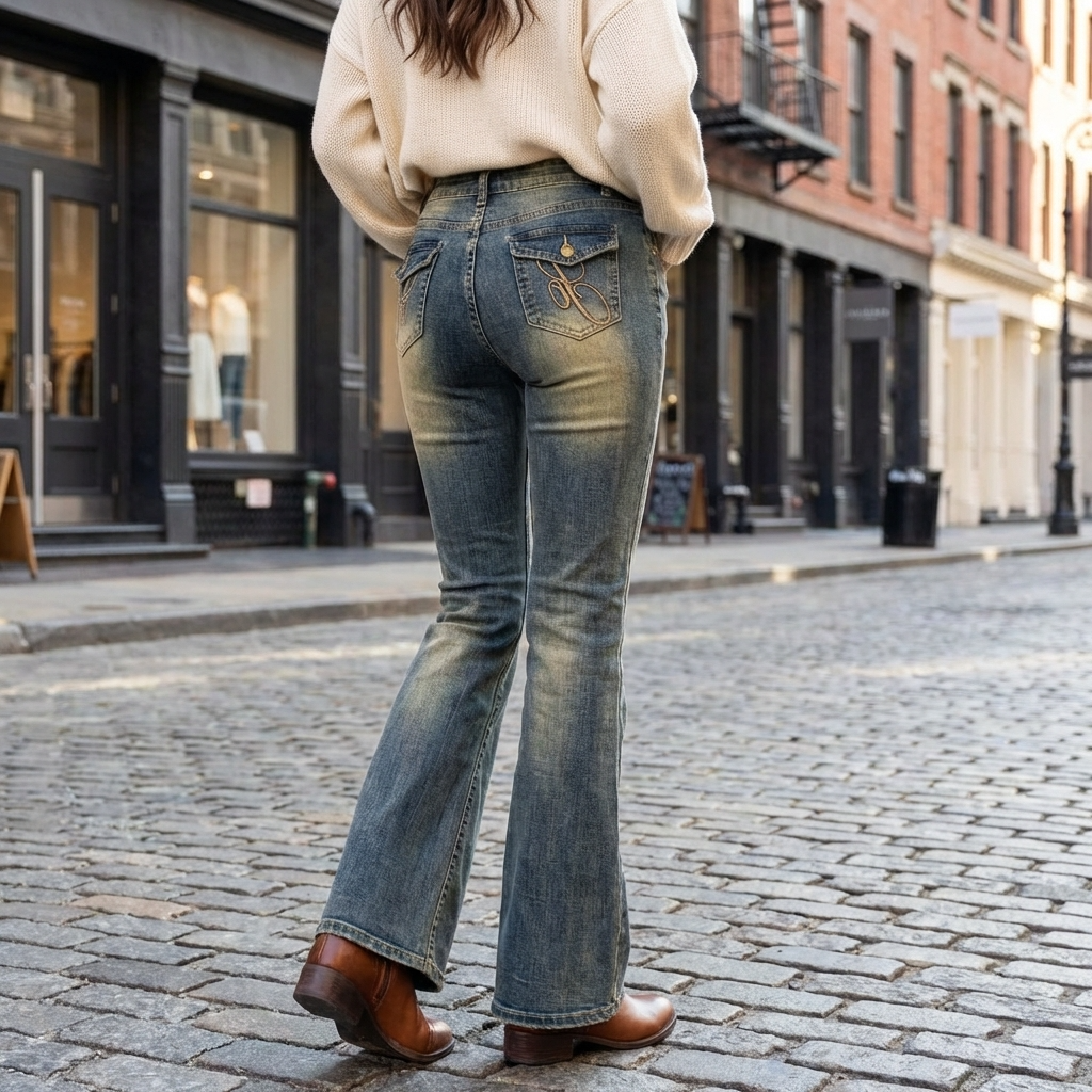 Women's Retro Embroidered Flare Jeans – High Waist Stretch Denim Pants with Vintage Blue Wash &amp; Slim Flared Leg Design