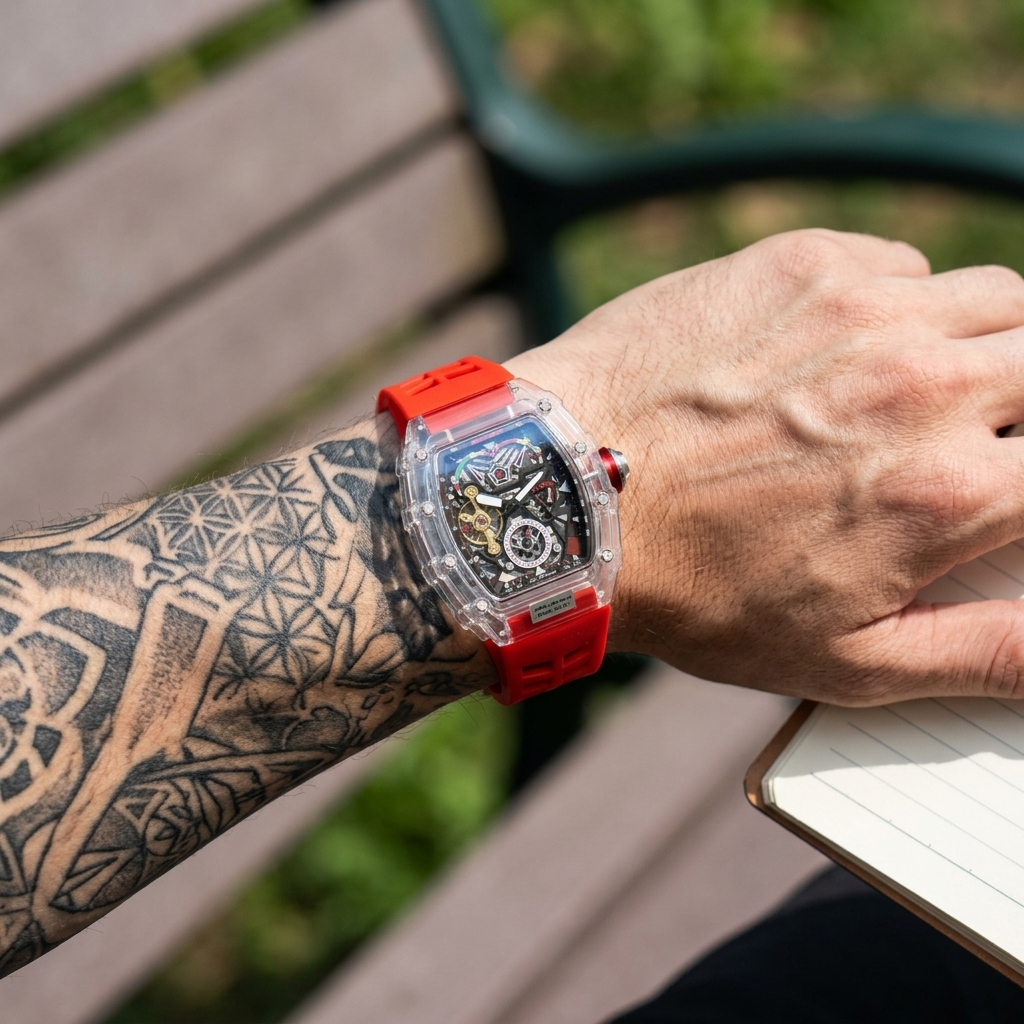 Men's Multi-Function Mechanical Watch – Transparent Barrel Case, Silicone Strap &amp; Luminous Sport Timepiece