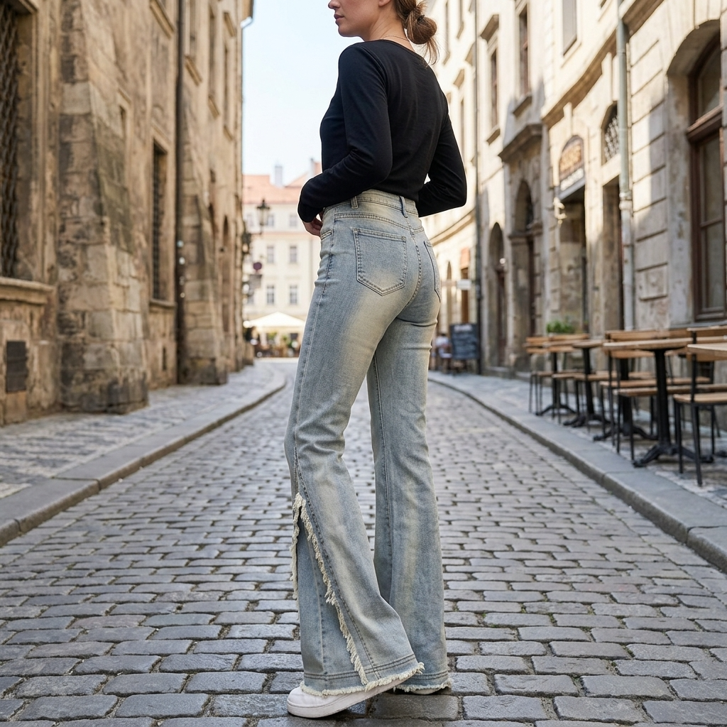 Women's High-Waist Micro-Flare Jeans – Vintage Bootcut Denim with Raw Edge &amp; Slimming Fit