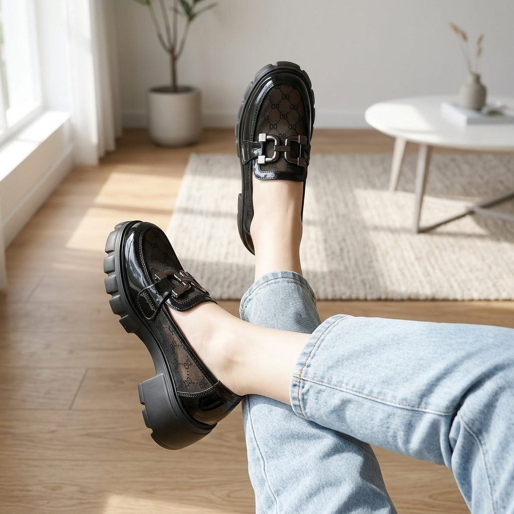 Women's Mesh Platform Slip-On Loafers – Chunky 6.5cm Sole with Square Buckle Detail
