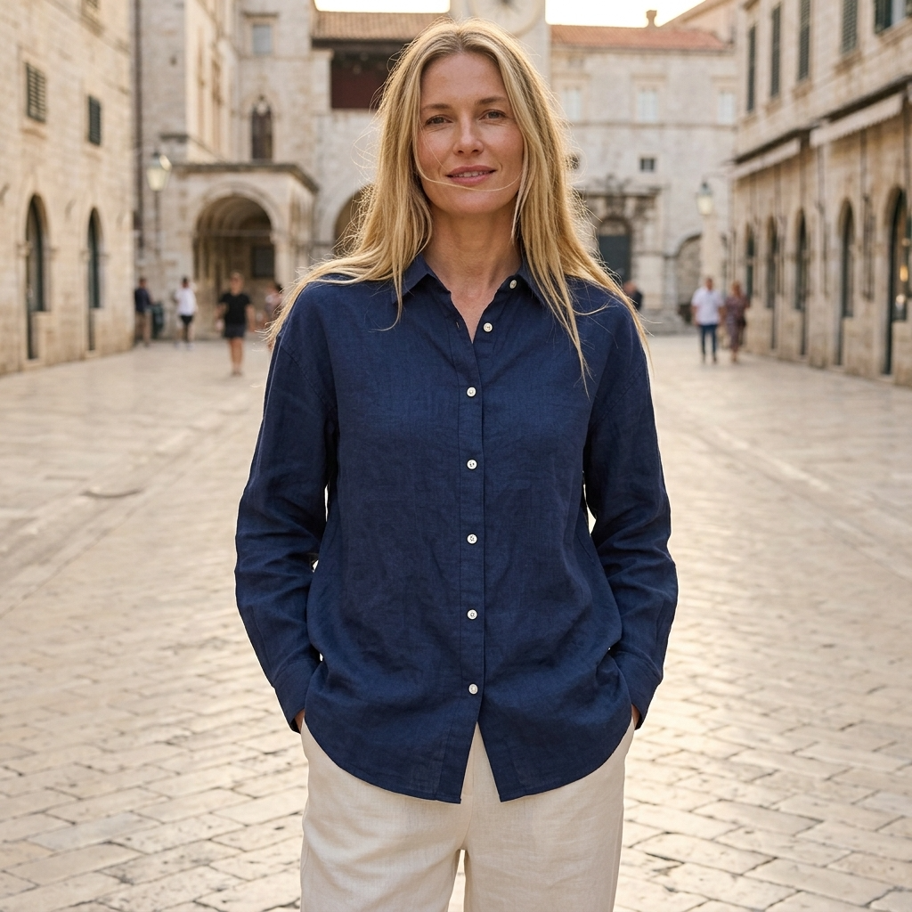 Women's 100% Linen Shirt – Long Sleeve Polo Collar Button-Down