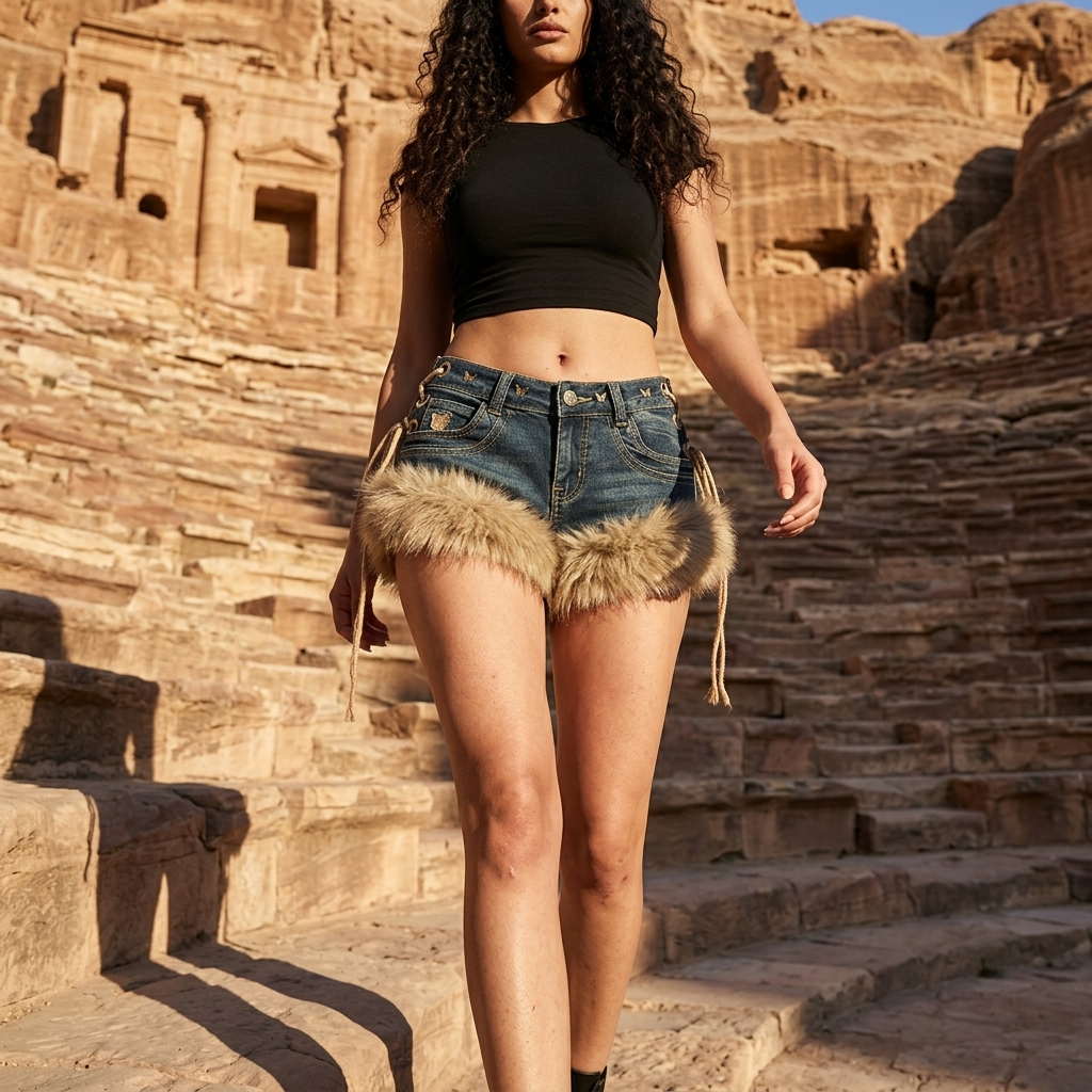 Women's Retro Low-Rise Denim Shorts with Fur Patchwork