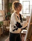 Damen Strickjacke mit V-Ausschnitt und Farbblockdesign – Handgemachter Pullover aus Baumwollmischung im französischen Stil