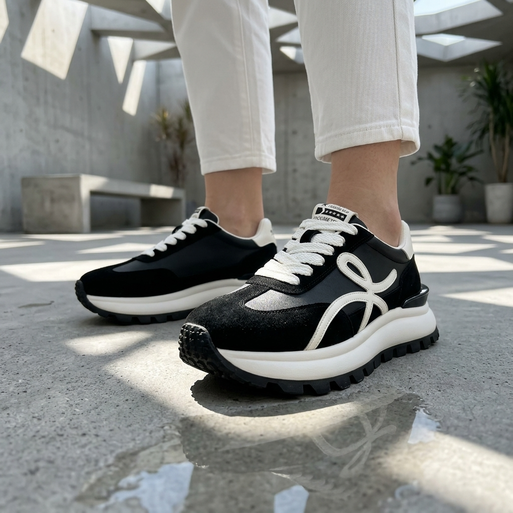 Women's Leather Platform Sneakers – Cross-Strap Thick Sole, 3-5cm Heel