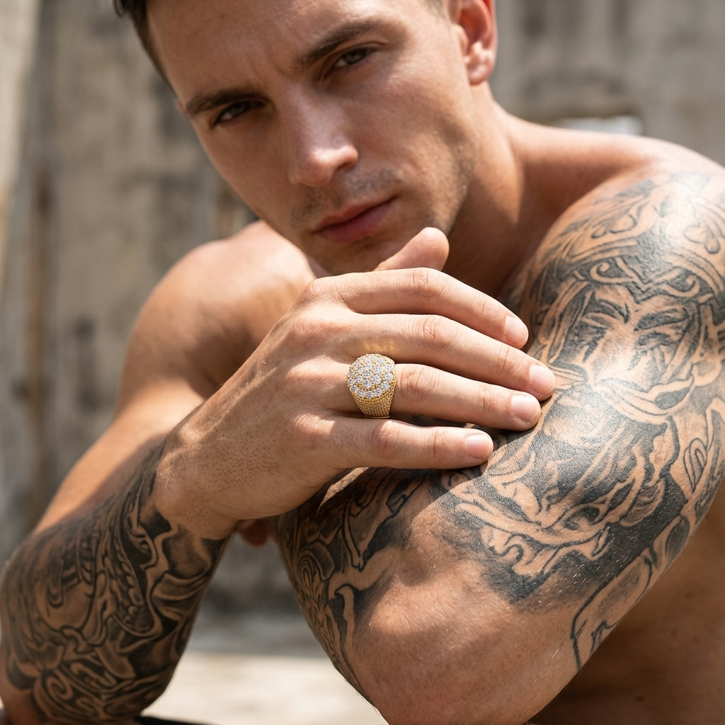 Men's Trendy Retro Flower Diamond Ring – Gold Plated Geometric Hip-Hop Statement Band