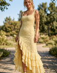 Women's Backless Sling Maxi Dress – Lace Ruffle Irregular Hem Bodycon
