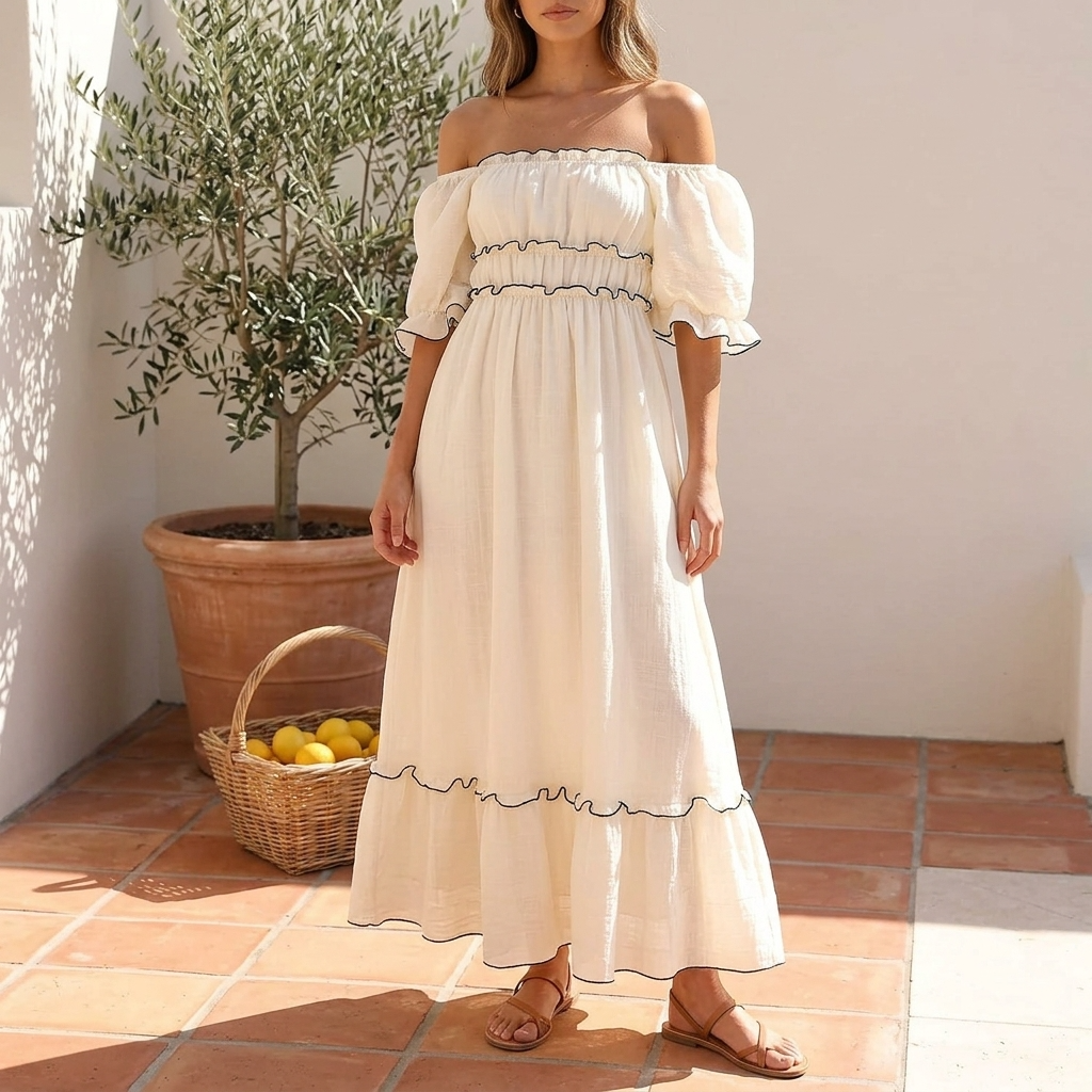 Women's Solid Color A-Line Mid-Length Dress – High Waist Lotus Leaf Sleeve U-Neck