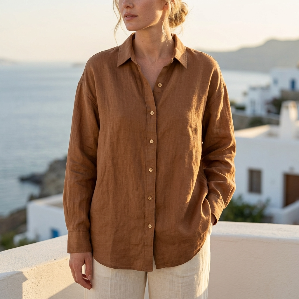 Women's 100% Linen Shirt – Long Sleeve Polo Collar Button-Down
