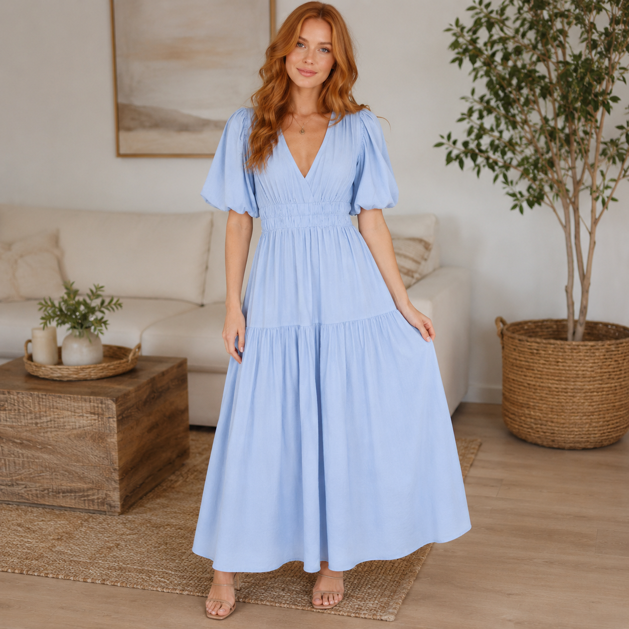 Women's Puff-Sleeve Maxi Dress – V-Neck High-Waist Swing Dress